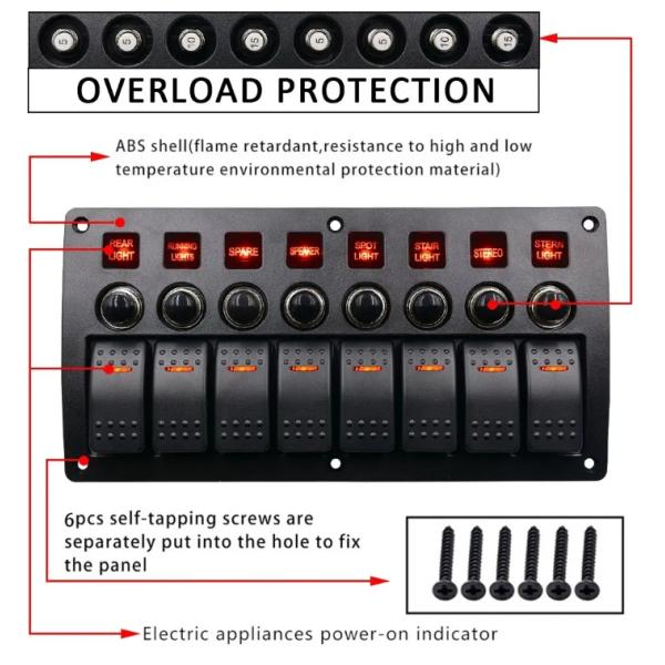 On Off Aluminium Rocker Switch Panel Waterproof 8 Gang 3 Pin Circuit Breaker Overload Protection