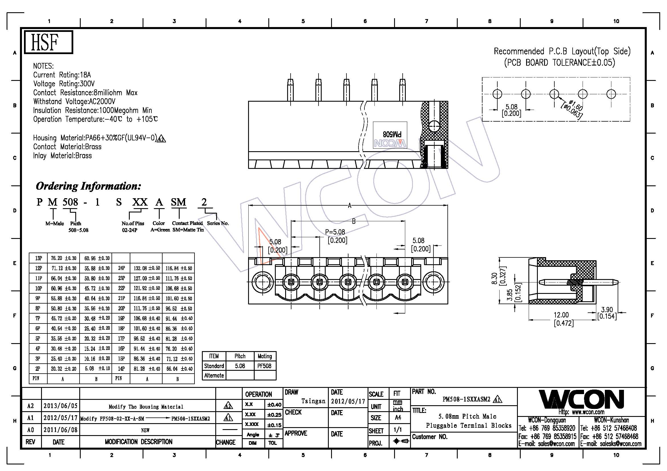 PA66 Pluggable Feed Through Terminal Block With Lock 5.08mm For Connection Wire