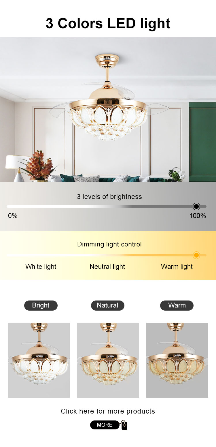 Controlling Mode WIFI Crystal LED Ceiling Fan Light with Hidden Blades and Wall Control