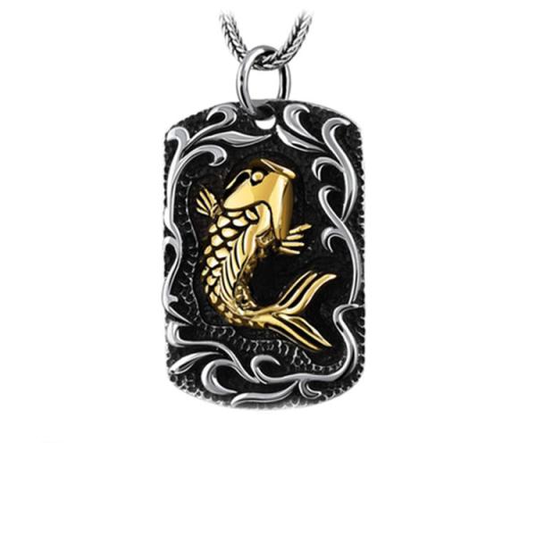 Women and Men Thai Sterling Silver Tag Vintage Style Goldfish Tag Necklace