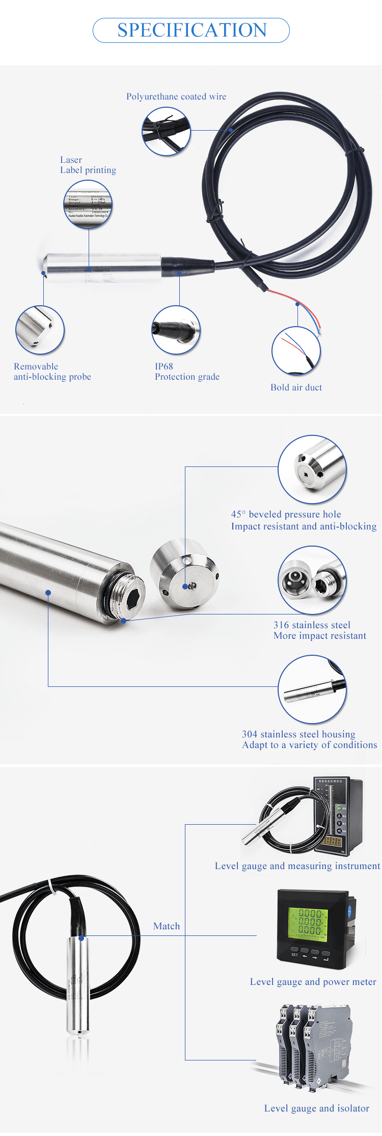 10 Meters Industrial IP68 10V Submersible Pressure Transducer