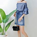 Spring Women Dark Blue Denim Blouses And Tops Off Shoulder Bat Wing Long Sleeve