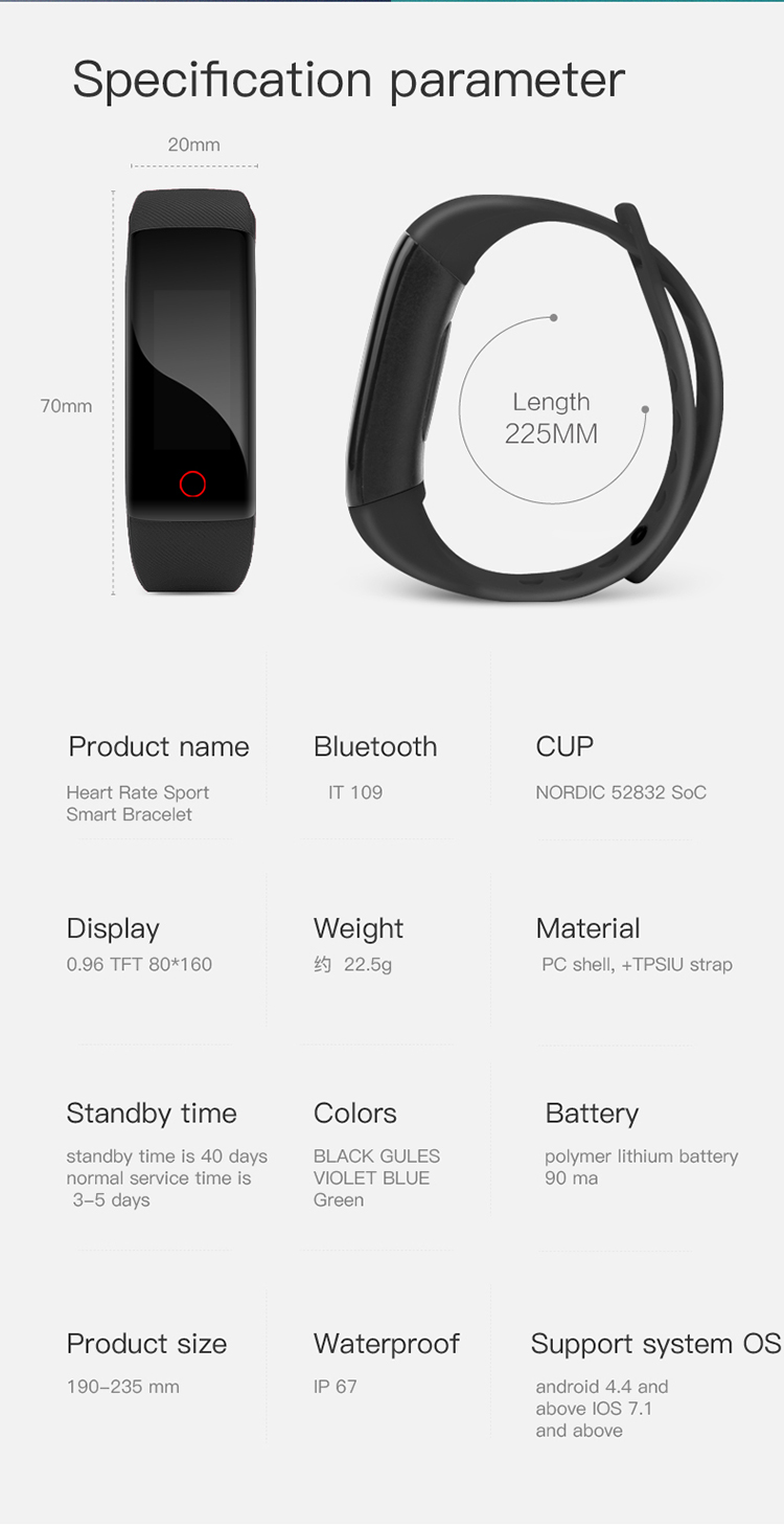 HL109 smart Wristband Strap 0.96 Inch TFT Sport Touchscreen Smartwatch 80*160 Step Counter