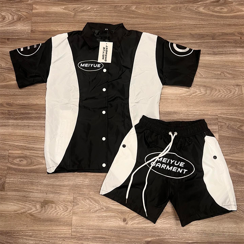 Custom Logo Button up Windbreaker Nylon Shirt Lightweight Shorts Running Summer Sweatsuit T Shirt Joggers and Short Set Factory
