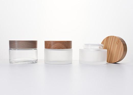 50ML GlASS EMPTY JARS WITH WOODEN LID,BAMBOO CAP SKINCARE LOTION COMESTIC