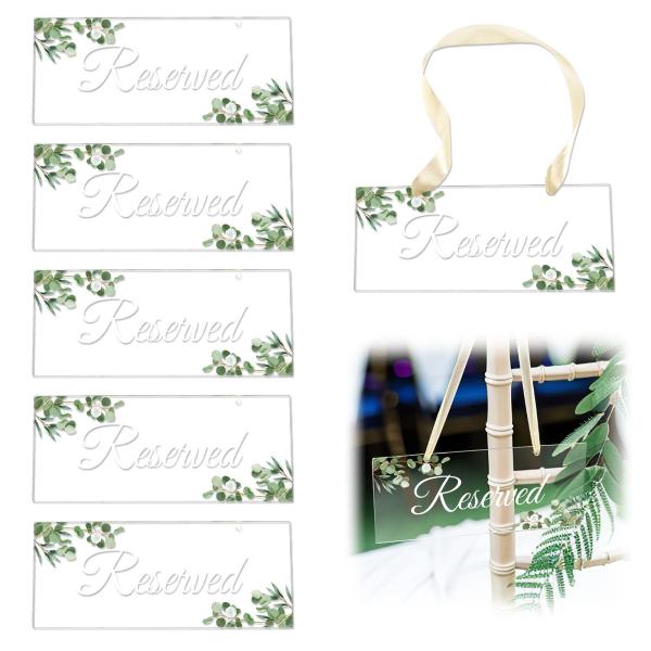 6 Pack Reserved Hanging Acrylic Sign With Greenery For Wedding Chairs / Church
