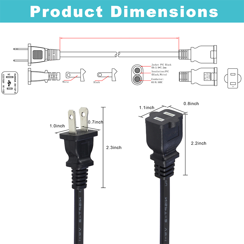 US 2-prong Male To Female NEMA 1-15P To NEMA1-15R CPU PDU Extender Extension Cable