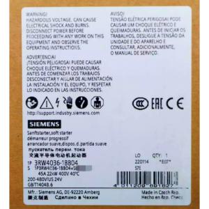Wholesale SIEMENS 3RW4036-1BB04 SIRIUS SOFT STARTER S2 45 A, 22 KW/400 V, 40 °C 200-480 V AC, 24 V AC/DC SCREW TERMINALS from china suppliers