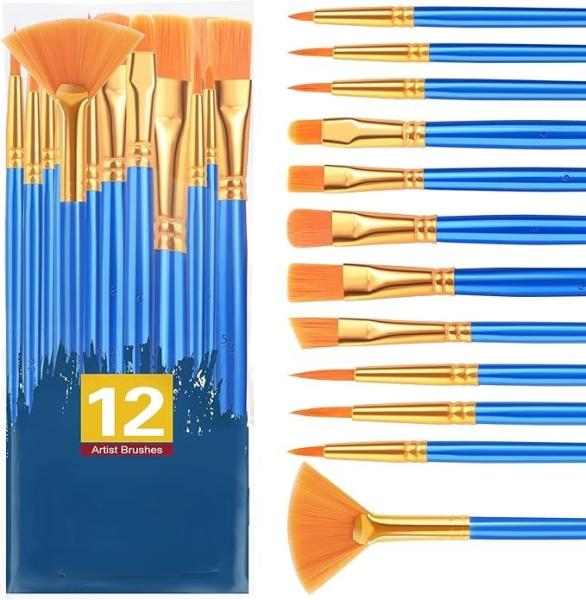 Wooden Handle Acrylic Paint Brush Set 12 Pcs Nylon Hair Paint Brushes For All