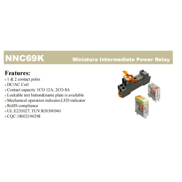 NNC Miniature Intermidiate Power Sealed Relay NNC69K ROHS Compliance Relay with LED Indicator and lockable test button