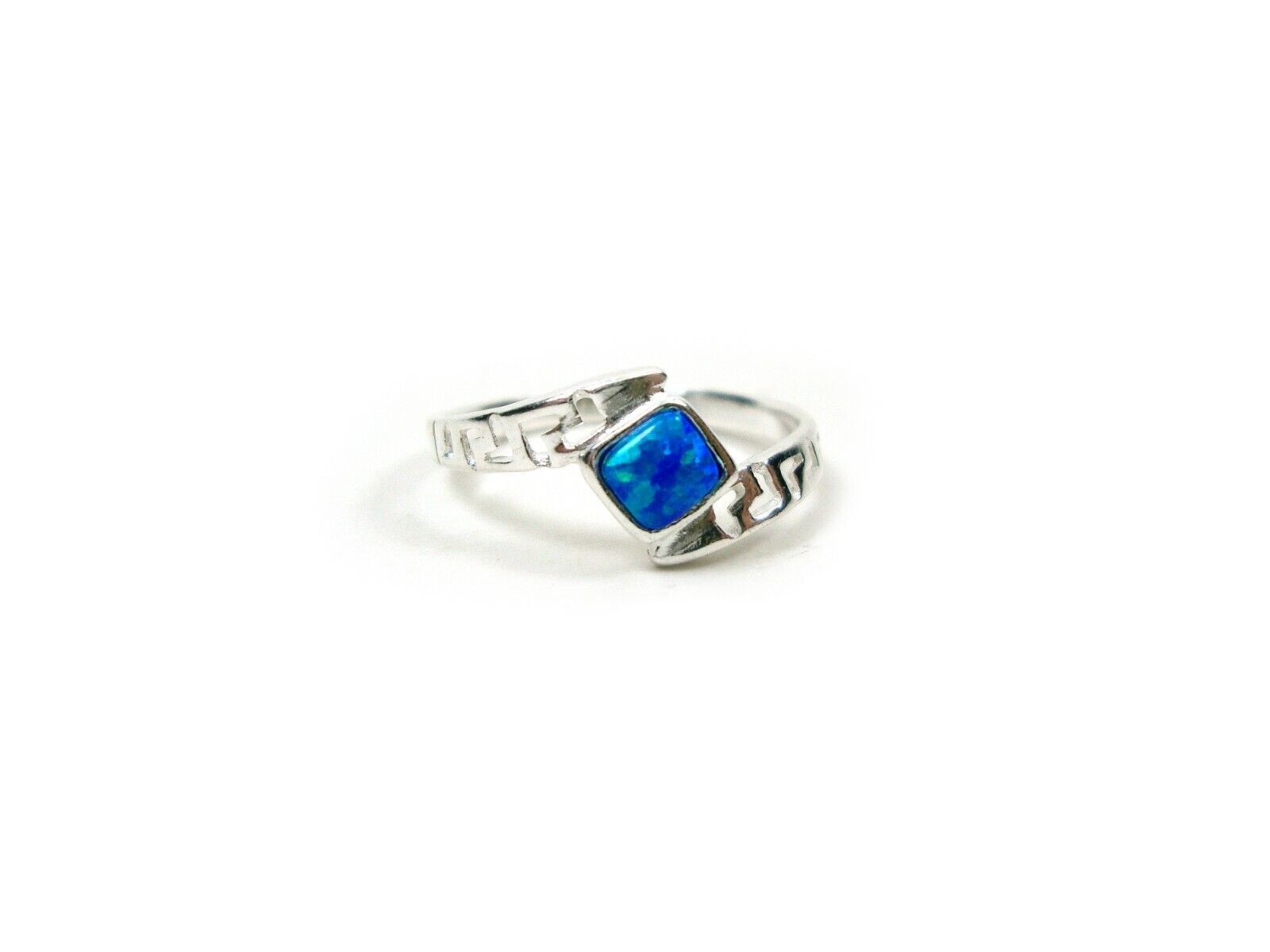 Sterling Sliver 925 Ancient Greek Meander Key Modern Fire Rainbow Blue Opal Engagement Ring