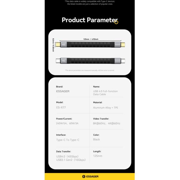 ESSAGER ES-X77 240W USB4.0 Usb C to Usb C Fast Charging Cable 8K 60Hz 40Gbps Audio Video