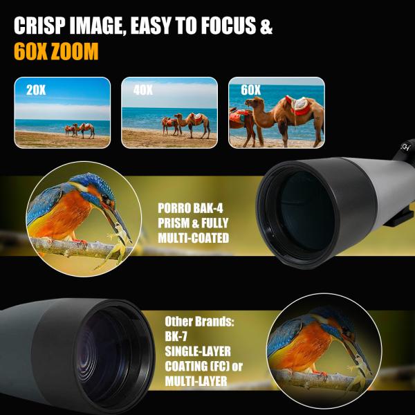 Target Shooting 20-60x80 Spotting Scope BAK4 Angled With Tripod , Carrying Bag