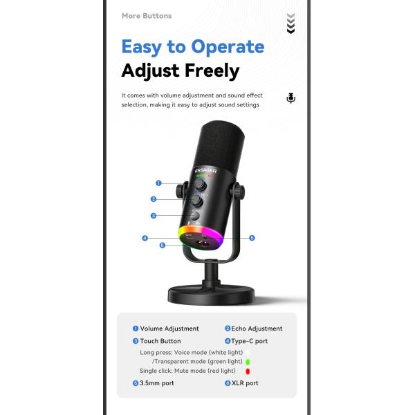 ESSAGER YU7 USB C Wired Live Streaming Podcast Gaming Microphone Type C 3.5mm XLR Port