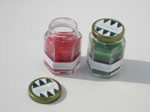 Wholesale 3x3&quot; Red &amp; Gree scented glass candle with metal lid and printed label, wrapping label from china suppliers
