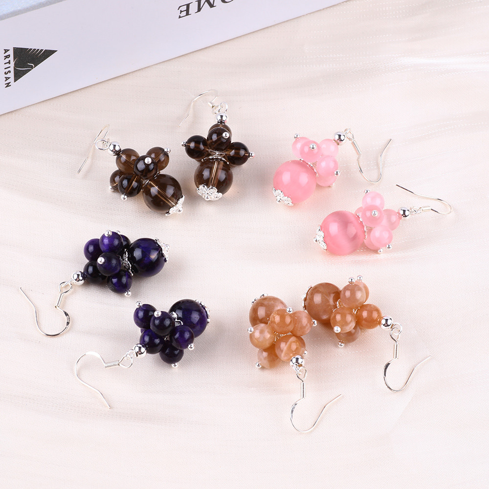 Handmade Crystal Stone Earrings Purple Tiger's Eye Gemstone Beaded Pendant Earrings