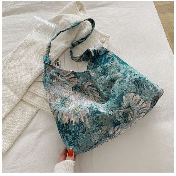 LARGE CAPACITY WOMEN'S BAG FRENCH SIMPLE CANVAS BAG OIL PAINTING NATIONAL STYLE SHOULDER BAG TOTE BUCKET BAG