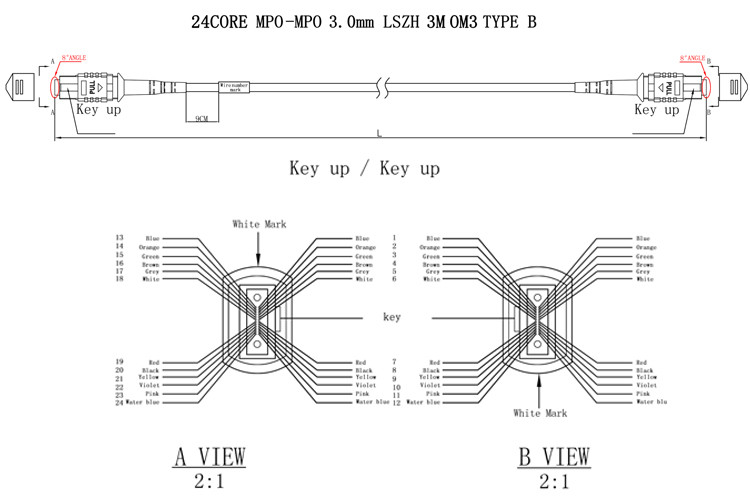 8F 12F 24F MPO Cable 3.0mm LSZH 3m OM3 Type B MPO Connector