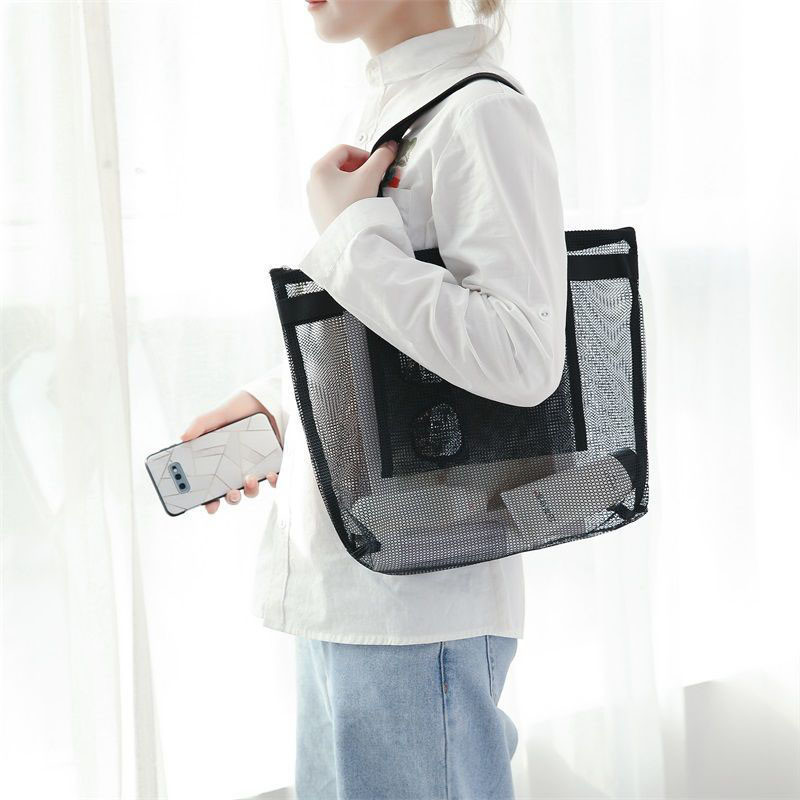 Summer Vacation Hand Mesh Raffia Tote Bags Waterproof With Zipper
