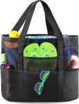 Mesh Beach Bag, Extra Large Beach Bags with 9 Pockets & Zipper Waterproof