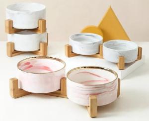 Wholesale Marble Pattern Pet Dog Feeding Bowl Ceramics Water Bowl With Bamboo Wood Stand from china suppliers