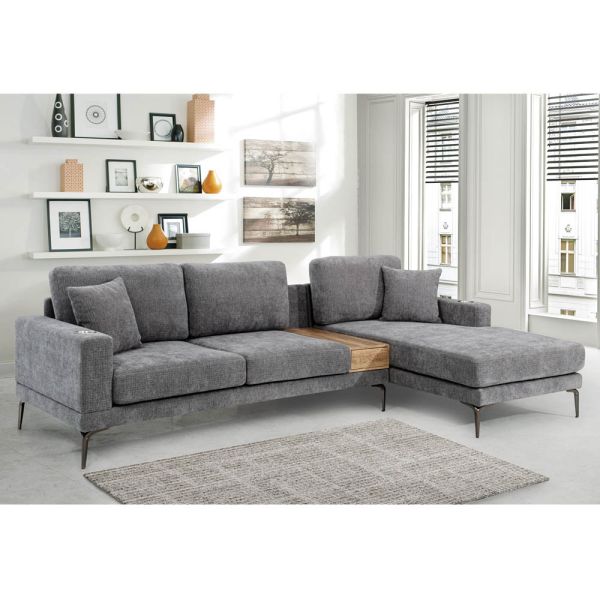 L-Shaped Sectional Sofa with Drawer and 2 Pillows and Stainless Steel Cup Holders, Gray Chenille