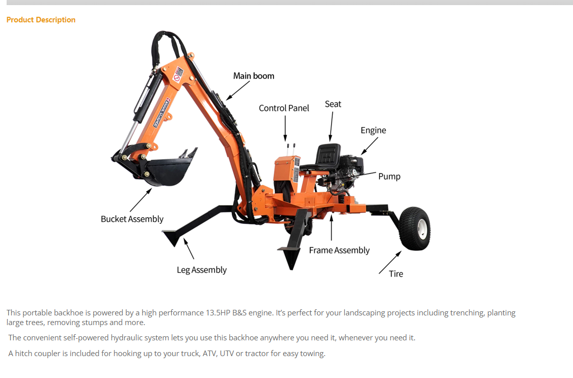 Portable Mini Towable Backhoe Excavator Backhoe Loader 2500mm
