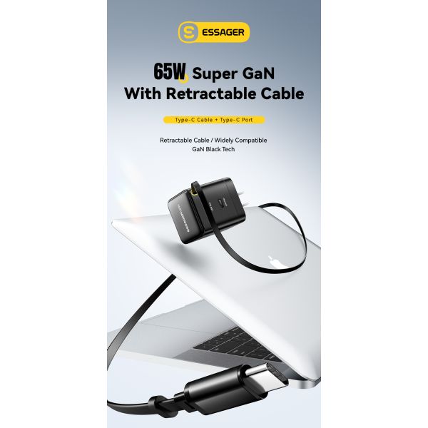ESSAGER G652CU Series 65W Built-In USB-C Cable GaN USB-C Charger with PPS Function and 100-240V/1.5A Input