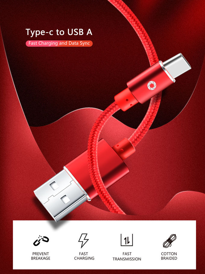 480Mbps Nylon 3A Usb C To Usb Cable 3FT Red Color PS5 Data Support