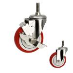 176lbs Stainless Steel Casters 75mm Silent Red Wheel PU Threaded Stem Side