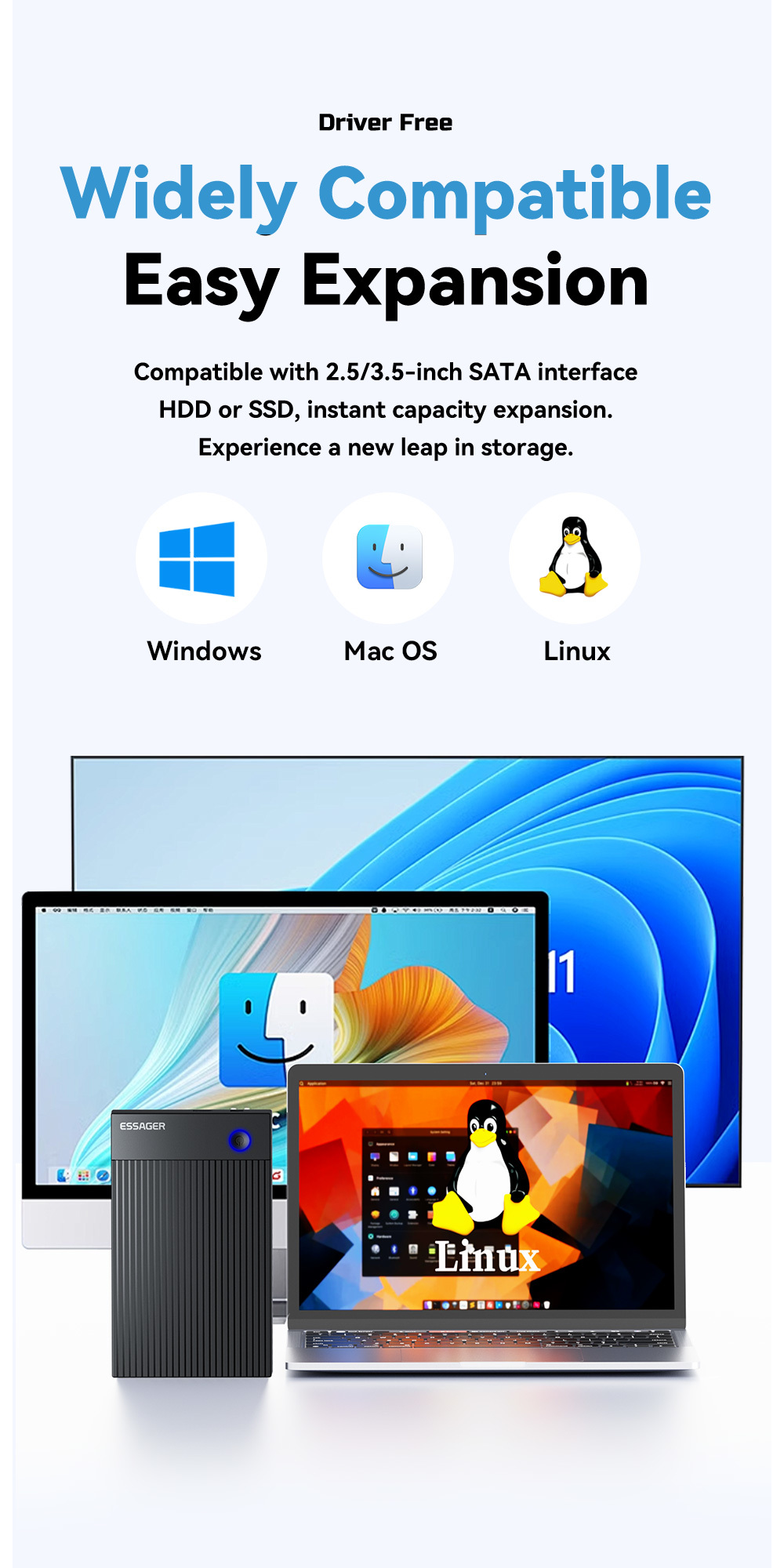 ESSAGER ES-YP03 USB 3.0 SATA Hard Drive Enclosure with 5Gbps Speed Dual-protocol Boost and Widely Compatible for 2.5 3.5 Inch HDD SSD