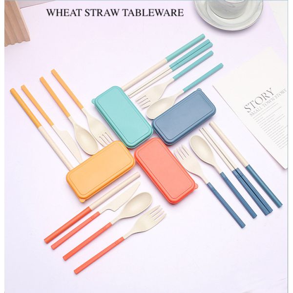 Portable 5-PC Green Wheat Straw Fibre Cutlery Set Versatile Biodegradable Diningware Accessories Sustainable And Suitable For Hot And Cold Meals