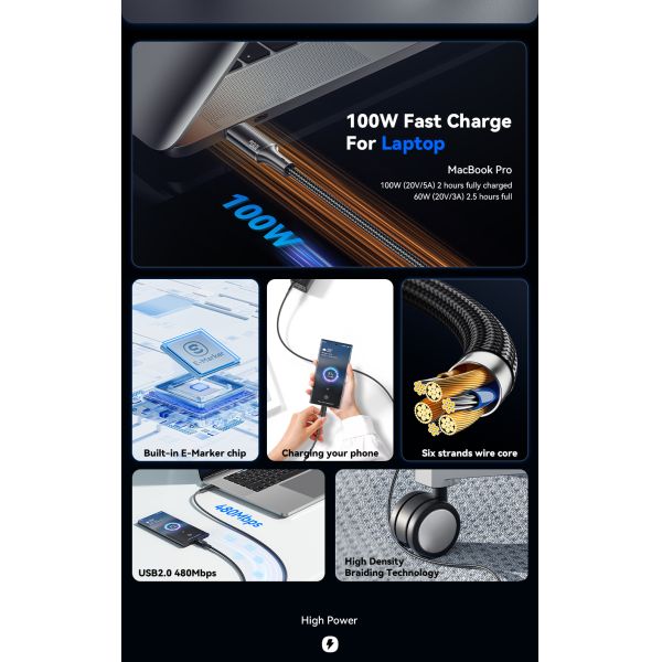 ESSAGER ES-X45 USB C to C Fast Charging Cable PD 100W 5A 1m 2m 3m