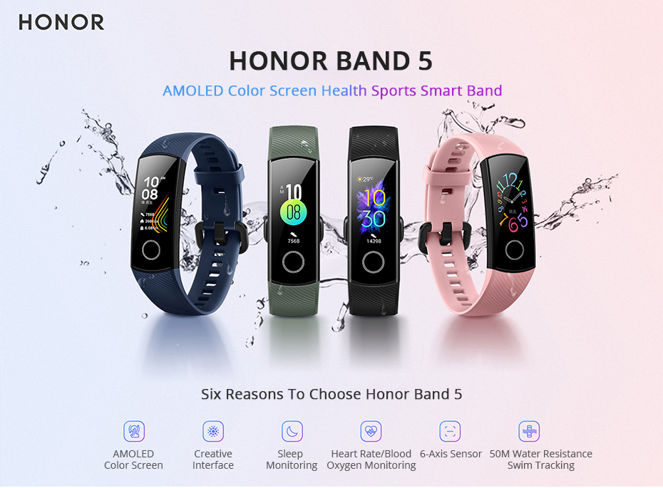Huawei HONOR Band 5 Smart Watch Magic Color Touch Screen Swim Stroke Detect Heart Rate Sleep Nap Band Honor 5
