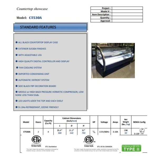 hot sale cake display case refrigrerated cake showcase for bakery shop with CE/ETL