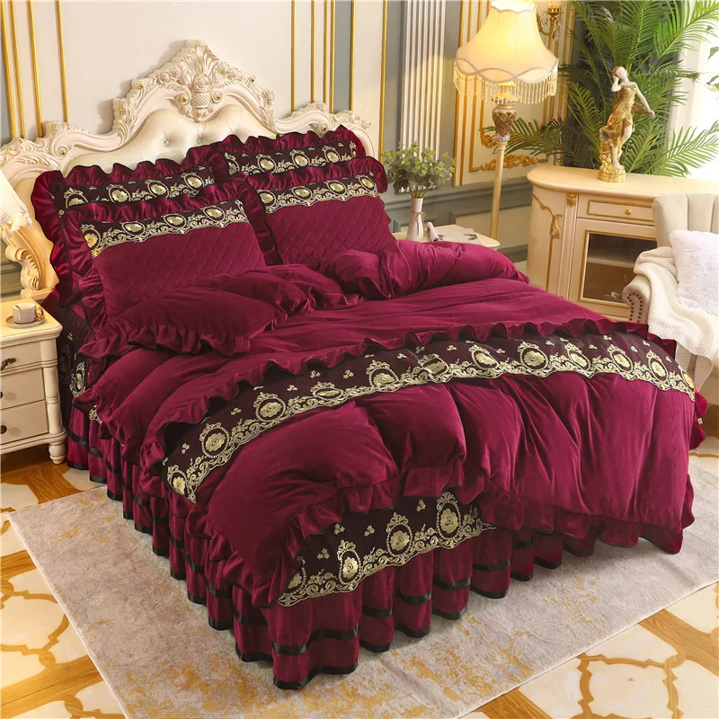 Duvet Cover Set 4pcs 400TC Cotton Bed Skirt Luxury Pleated Bedding with 2 Pillow Cases