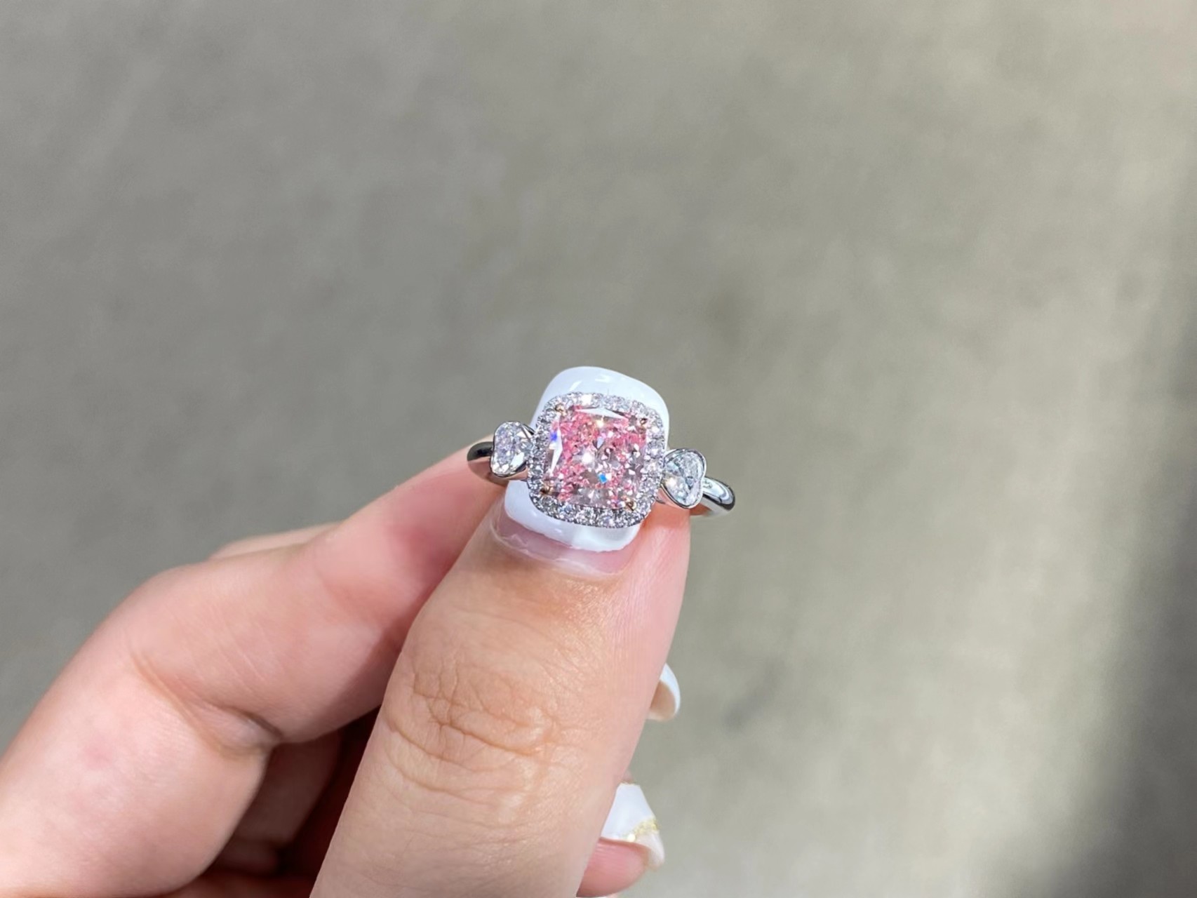 Custom Lab Grown Diamond Rings Three Stone Style Main Stone 1.61ct Fancy Pink Cushion Cut