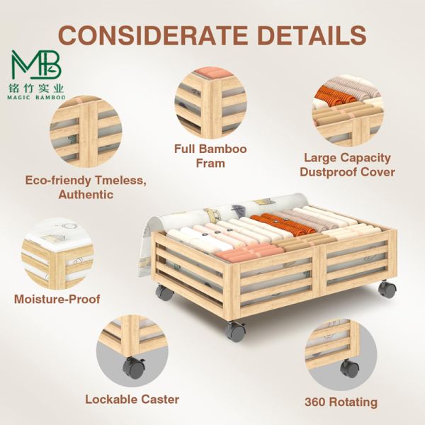 Bamboo Under Bed Clothes Storage Box With Wheels And Dust Bag For Home Bedroom