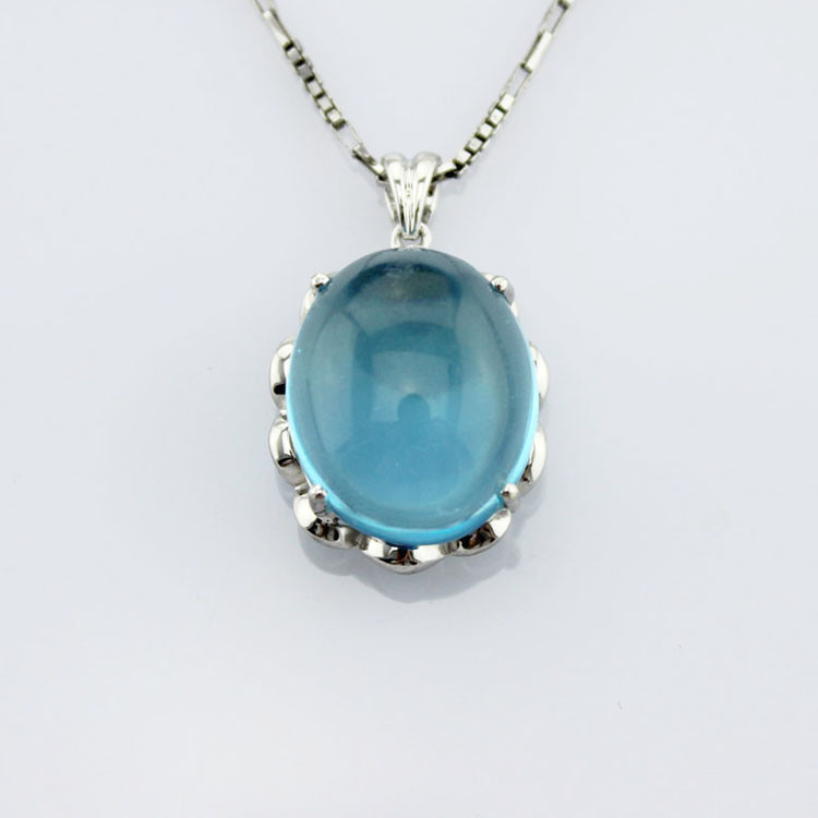 925 Silver Pendant Necklace with Oval Dome Blue Topaz Cubic Zircon (P40)