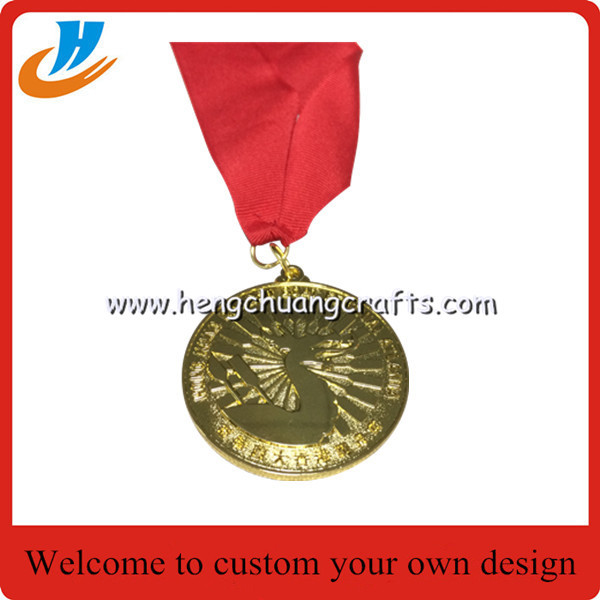 Carved metal medallions with Nylon ribbon,gold metal medal die casting with filled color