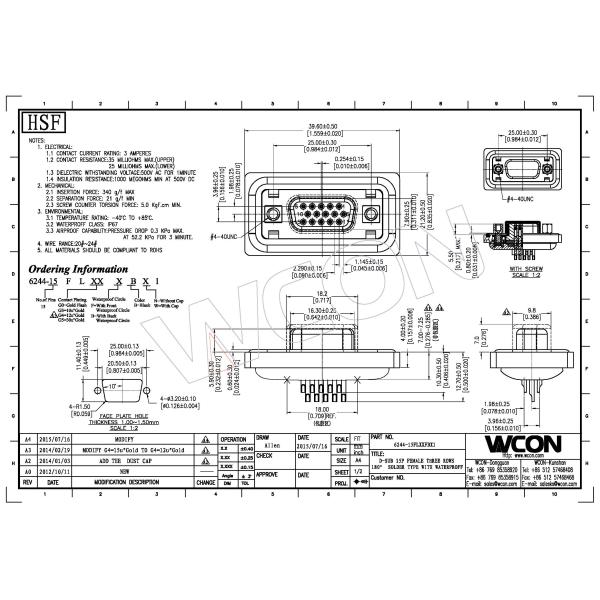 WCON D-SUB Connector Female Three Row 15P Water Proof PBT Black ROHS