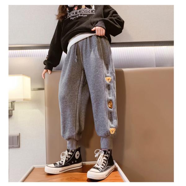 Thickened Warm Casual Grey Black Childrens Joggers Cartoon Bear Pattern