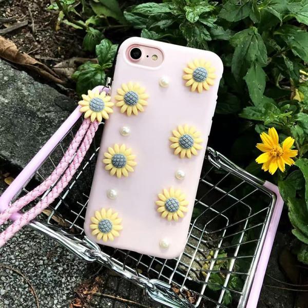 Soft TPU Pink Girl Heart DIY Daisy Flowers with Lanyard Cell Phone Case Back