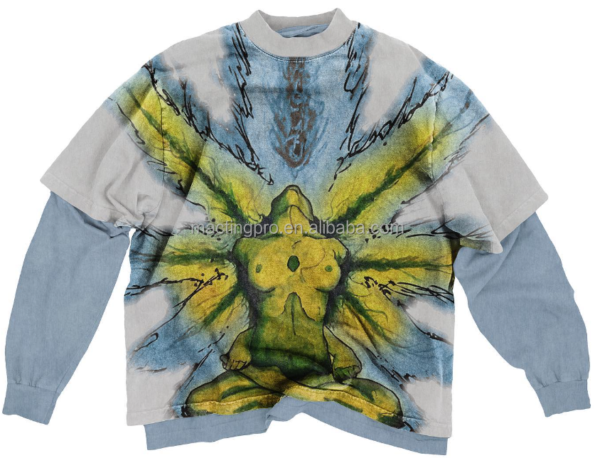 O-Neck Collar Double Layered Long Sleeve T-shirt for Unisex Distressed Vintage Washed