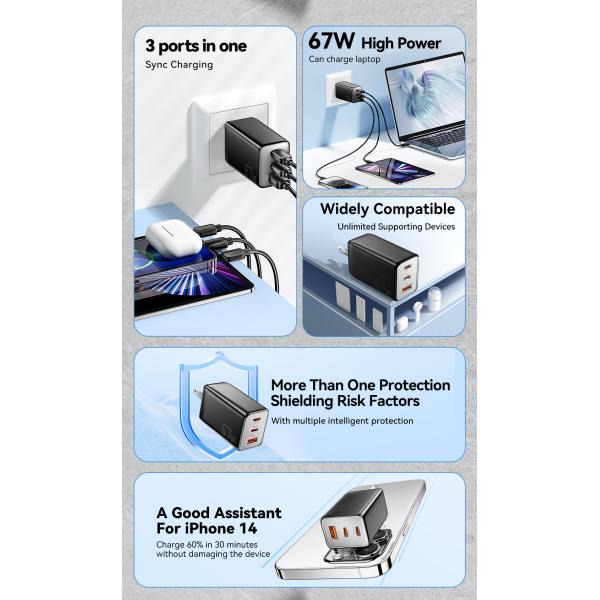 Cell Phone 3 Ports GaN Fast Charger USB C To USB C 67W ESSAGER G671A2CU1 Series