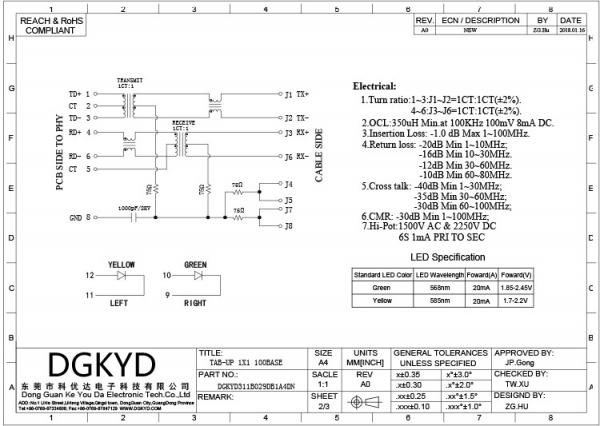 DGKYD311B029DB1A4DN PCB Mount Integrated Magnetics RJ45 Jack Module Tab Up Cat5 Ethernet Socket OEM
