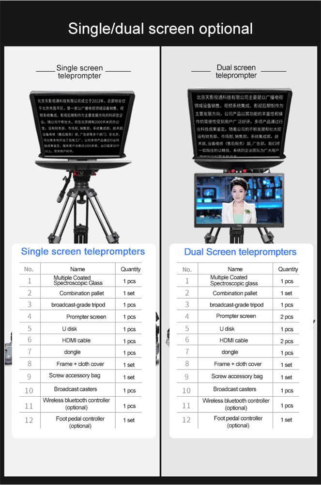 TS2000 Dual Screen Civil Teleprompter with Teleprompter Software and Remote Controller for On-Camera