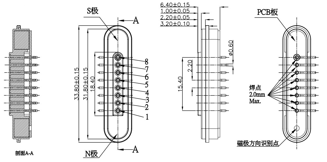 Right Angle Magnetic Connectors 8 Pin Spring Loaded Connector Male Female