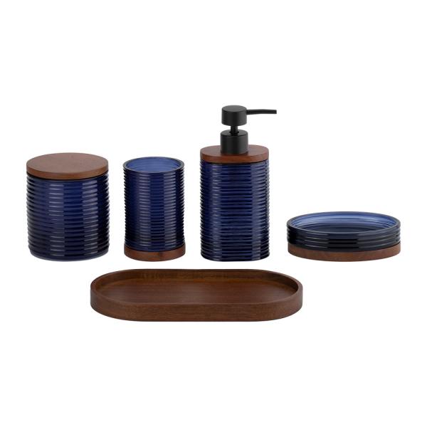 Glass Bathroom Accessories Set Blue Color Oval Shape With Wood Part Hand Wash