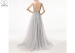 Unique A Line Tulle Dress V Neck Sequin Beading Sweep Train Back Bandage